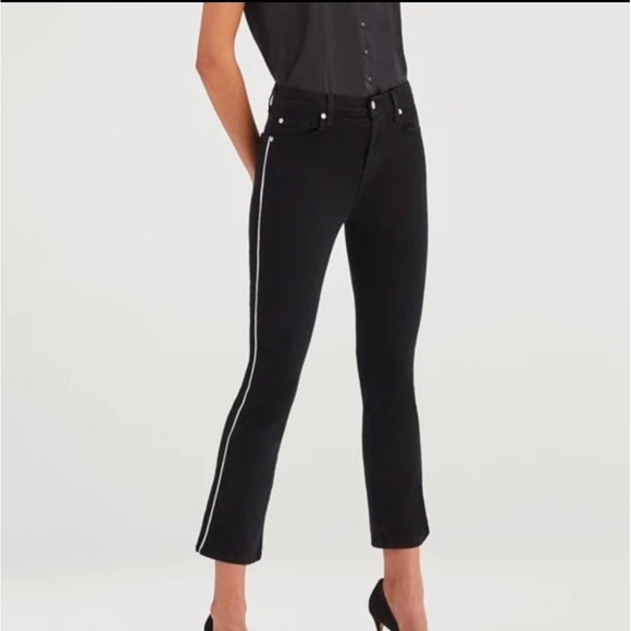 7 For All Mankind Women Jeans 32 Black Cropped Straight Stretch tuxedo Striped - Picture 1 of 14
